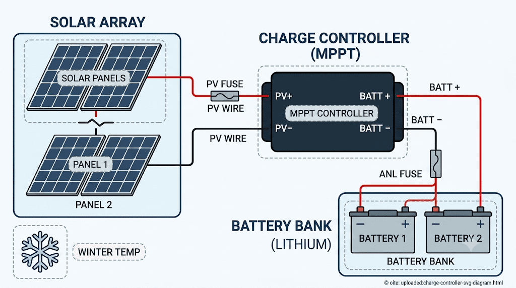 Solar array → MPPT charge controller → lithium battery bank wiring diagram