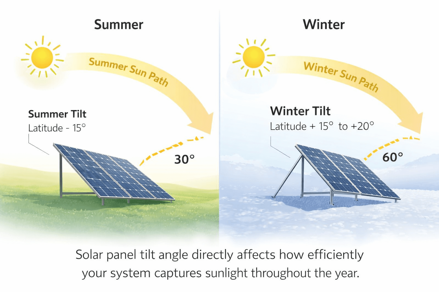 Diagram showing optimal solar panel tilt angle in summer vs winter for Canadian latitudes