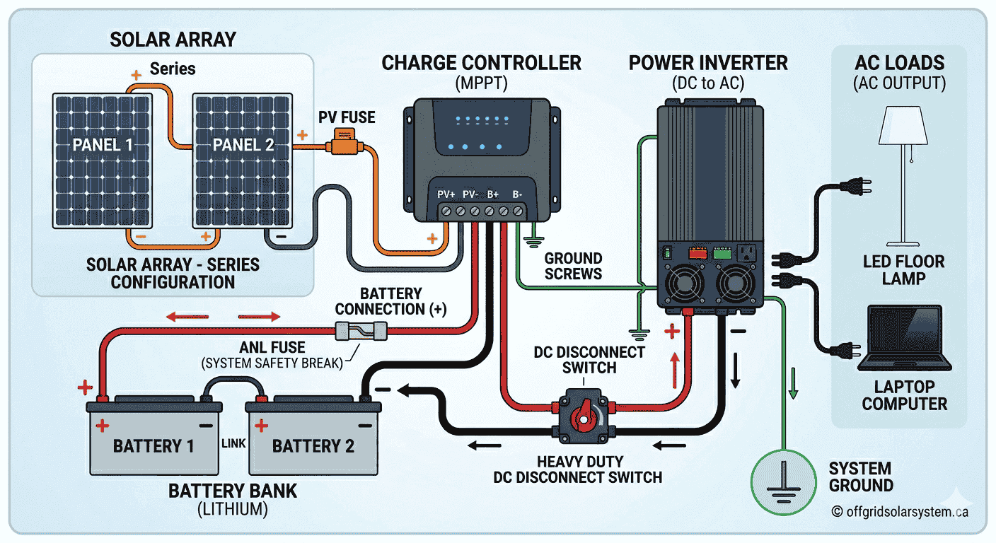 Off-grid solar system wiring diagram showing solar array, charge controller, battery bank, inverter and AC loads — offgridsolarsystem.ca